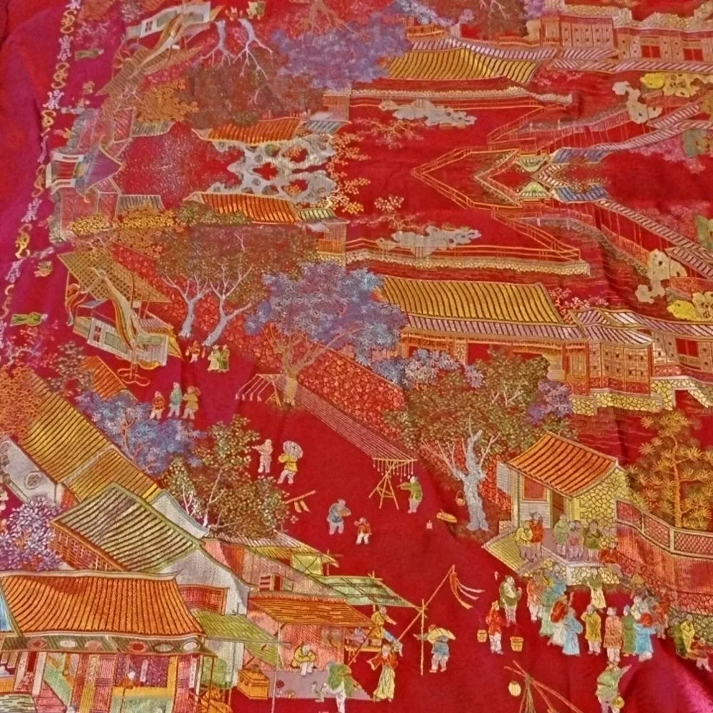 Vintage Asian Brocaded Flowers Silk Embroidered Red Square Fringe Tablecloth